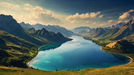 Panoramic view of alpine lake. Dramatic sky. Beauty world.の写真素材