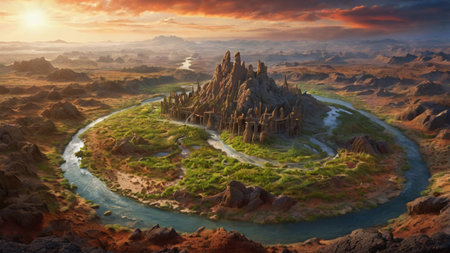 Fantasy alien planet. Mountain and river. 3D illustration.の写真素材