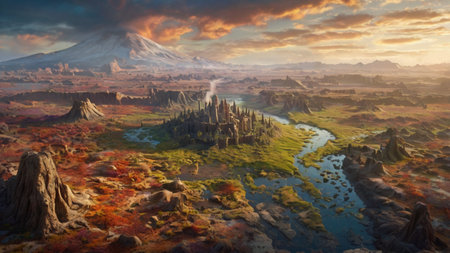 Fantasy alien planet. Mountain and river. 3D illustration.の写真素材