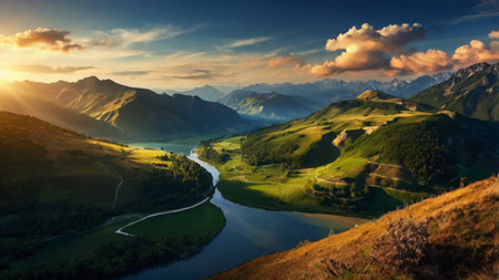 Panoramic view of the alpine lake in the mountains at sunsetの写真素材