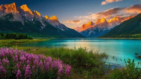 Mountain lake in the Canadian Rockies at sunset, Alberta, Canada