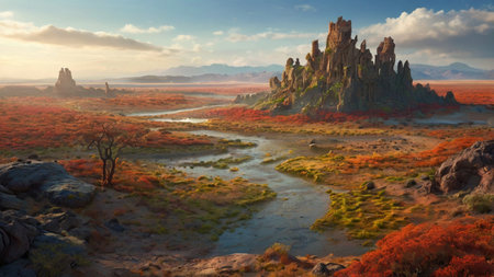 Fantasy alien planet. Mountain and river. 3D illustration.の写真素材