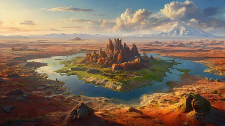 Fantasy alien planet. Mountain and lake. 3D illustration.の写真素材