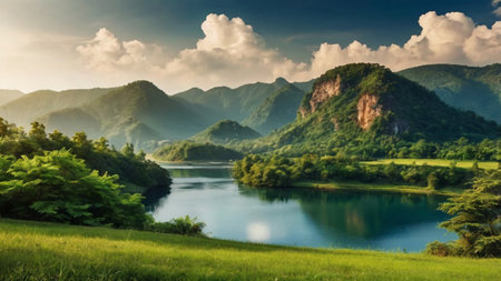 Beautiful nature landscape with lake and mountains in the morning, Thailandの写真素材