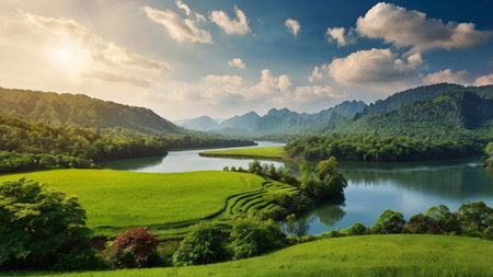 Rice terraces and lake in the morning at Kanchanaburi, Thailandの写真素材