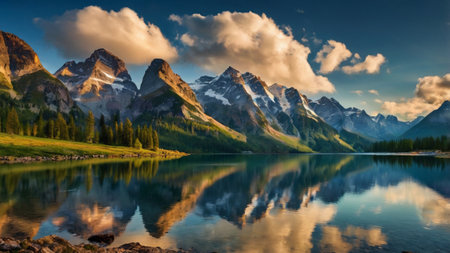 Panoramic view of the mountain lake in the Canadian Rockies.の写真素材