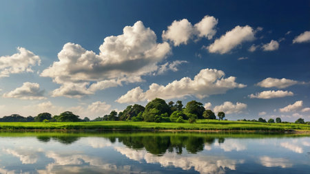 Landscape of green field and blue sky with clouds reflected in waterの写真素材