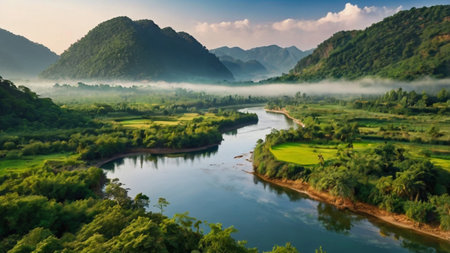 Panoramic view of river and mountain in the morningの写真素材