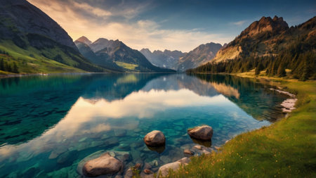 Panoramic view of alpine lake. Dramatic and picturesque scene. Location place Dolomites, South Tyrol, Italy, Europe. Artistic style post processed photo. Beauty world.の写真素材