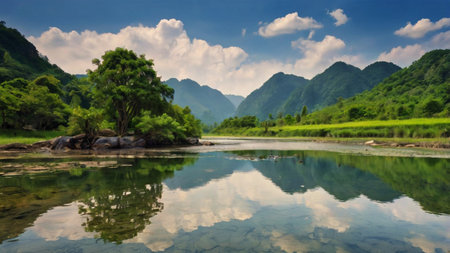 Panoramic view of the river and the mountains.の写真素材