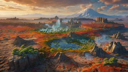 Fantasy landscape with volcano and lake. 3d render illustration.の写真素材
