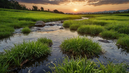 Rice field and sunset in Chiangmai, Thailand.の写真素材