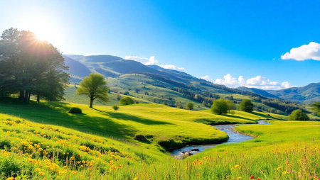 mountain meadow under blue sky with clouds and sun. beautiful summer landscape