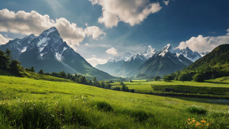 Beautiful summer landscape in the mountains. Landscape with meadow and mountains.の写真素材