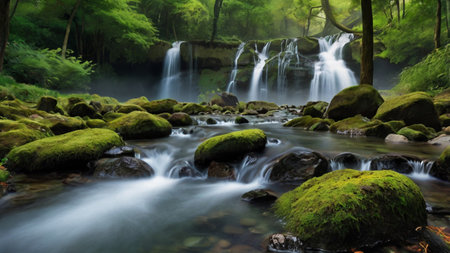 Beautiful waterfall in the green forest, long exposure, long exposureの写真素材