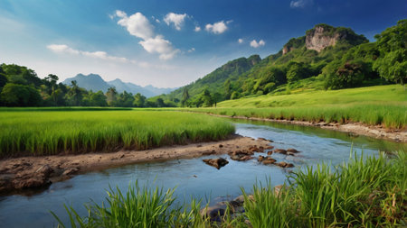 Panorama of rice field and mountain in the morning, Thailand.の写真素材