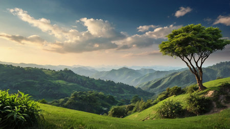 Beautiful landscape in the mountains with tree and green grass field.の写真素材