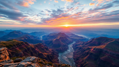 Sunset over canyon, mountain, and river.の写真素材