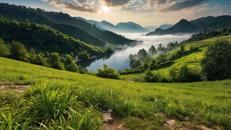 Beautiful mountain landscape with lake and fog at sunrise in summer.