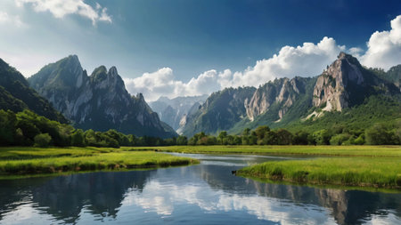 Mountain landscape with river and green meadow. Panoramic view.