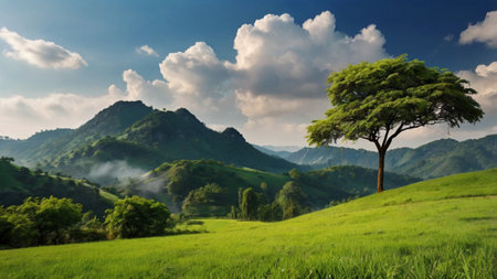 Beautiful landscape with a tree in the middle of the meadowの写真素材