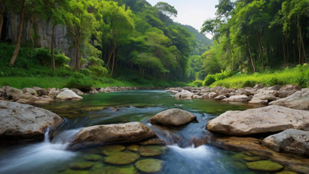 Mountain river flowing through the forest. Beautiful landscape of mountain river flowing through the forest.の写真素材