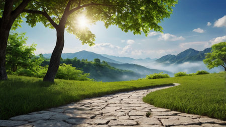 Road in the morning with green grass and blue sky. Nature background