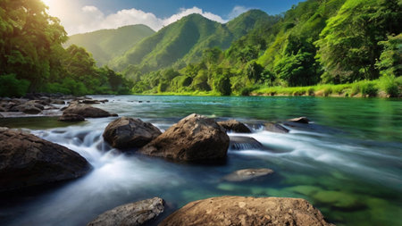 Mountain river flowing through the green forest. Beautiful natural landscape.の写真素材