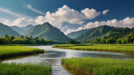 Panoramic view of rice field and mountains in the background.の写真素材