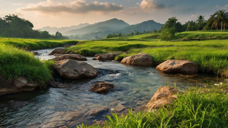 Rice field and river in the countryside of Thailand, Panoramaの写真素材
