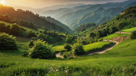 Beautiful landscape of mountains and meadows in the morning light.