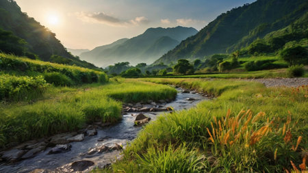 Rice fields and river in the countryside of Vietnam, Asia.の写真素材