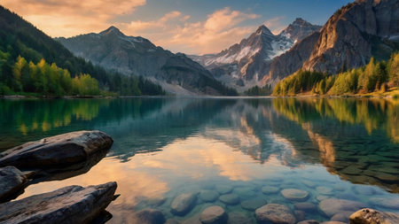 Mountain lake in the Dolomites at sunrise, Italy.