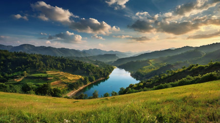 Beautiful mountain landscape with lake and blue sky. Panorama.の写真素材