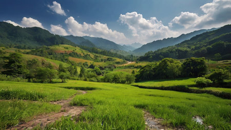Panorama of rice terraces and mountain range at Sapa, Vietnamの写真素材