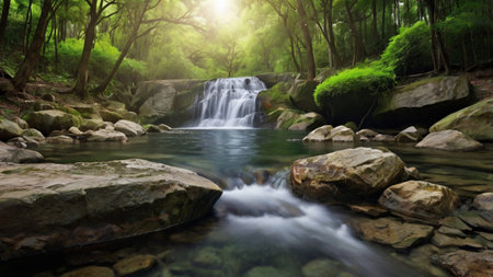 Waterfall in green forest. Nature landscape background. Waterfall in the forest.の写真素材