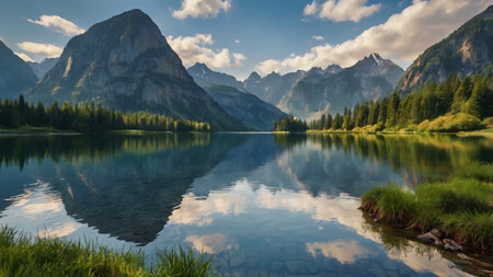 Panoramic view of Lake Braies, Dolomites, Italyの写真素材