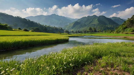 Rice field and river in the countrysideの写真素材