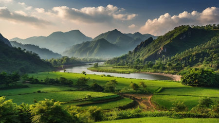 Panoramic view of rice fields and mountains in the morning, Vietnamの写真素材