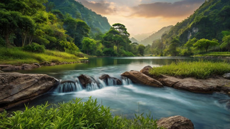 Panorama of river and forest at sunset. Landscape of mountain riverの写真素材