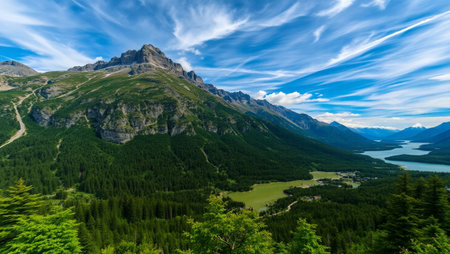Panoramic view of the mountains and lake in the Swiss Alps