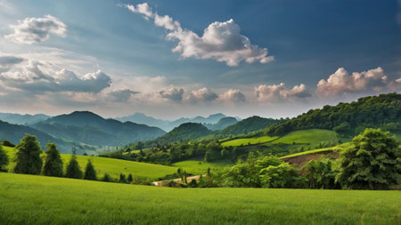 Landscape of green meadow and mountains under blue sky with clouds