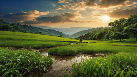 Rice field and river at sunset time in Chiang Mai, Thailandの写真素材