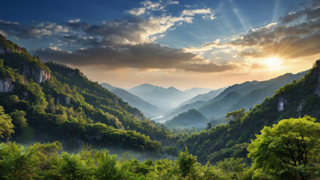 Mountain landscape at sunset. Panoramic view of the mountains.の写真素材
