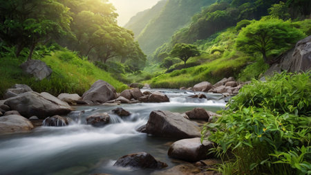 Mountain stream flowing through the green forest at sunset. Nature backgroundの写真素材