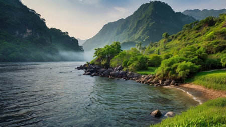 Panoramic view of Tam Coc river in Ninh Binh, Vietnamの写真素材