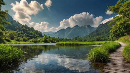 Lake in the mountains and blue sky with clouds. Landscape of nature.の写真素材