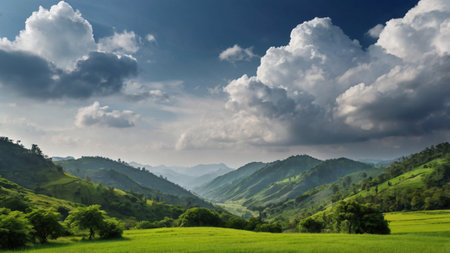 Green rice field with mountain and blue sky in Chiangmai, Thailandの写真素材
