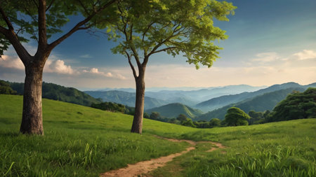 Beautiful landscape with green meadow and trees in the morning.の写真素材