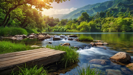 landscape of mountain river with wooden bridge and green grass at sunsetの写真素材